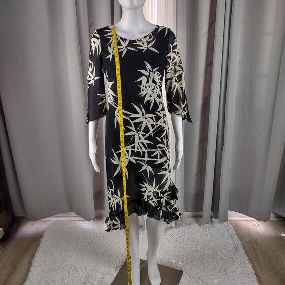 Jessica Howard Black Ivory Bamboo Print Ruffle Hem Midi Dress Size 6 - Picture 6 of 12